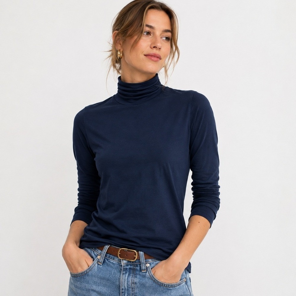 J.Crew Re-Imagined Turtleneck Top Womens S Navy Blue 100% Cotton Long Sleeve